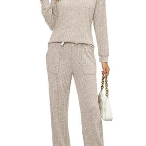 Women's 2-Piece Loungewear Set with Wide Leg Pants and Collar V-Neck